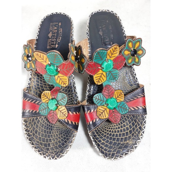 Spring Step L'Artiste Leather Wedge Sandals Vergie Red Floral Colorful-Size 40 - Picture 1 of 9